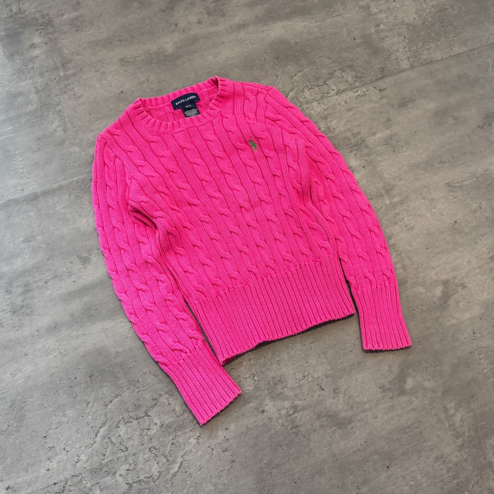 Vintage VTG Y2K 2000's 00's Ralph Lauren Girls Pink Cable Knit V Neck Sweater